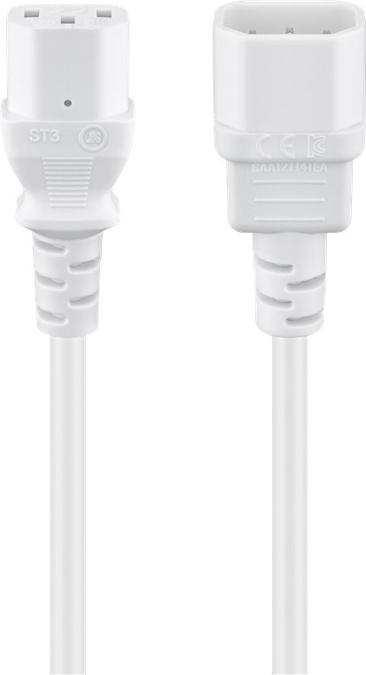 Powerkabel, IEC apparatstik han/hun, 3,0 m, Hvid