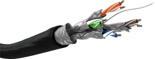 Installationskabel (stiv) sort udendørs, S/FTP CAT6, 100 m