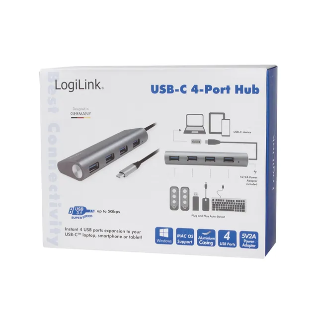 USB-C 4 port HUB Aluminium 5V PSU