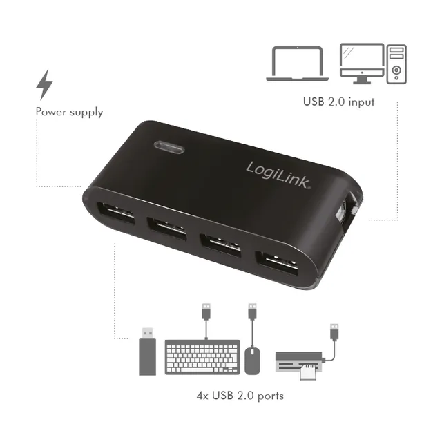 LogiLink 4-Port USB 2.0 Hub with Power Supply - Black