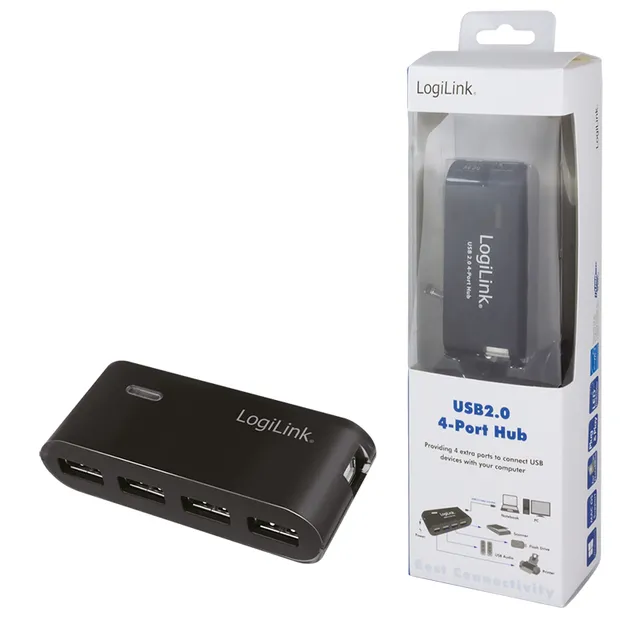 LogiLink 4-Port USB 2.0 Hub with Power Supply - Black
