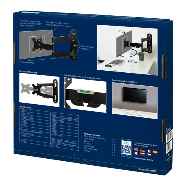 Arctic Cooling W1C Extendable Wall Mount Monitor Arm 18kg