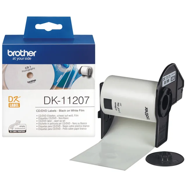 Brother DK-11207 Label Roll, CD/DVD Labels, Black on White, 100 Labels, 58 mm, Brother Genuine S...