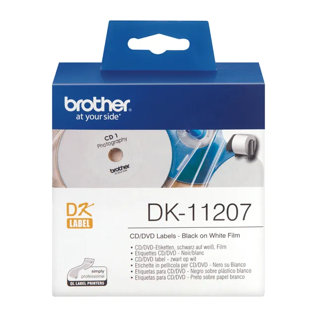 Brother DK-11207 Label Roll, CD/DVD Labels, Black on White, 100 Labels, 58 mm, Brother Genuine S...