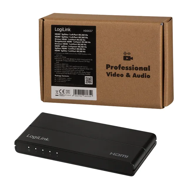 LogiLink HDMI-Splitter 1x4-Port, 4K/60Hz, Downscaler, schw.