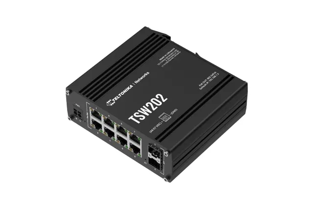 Industrial grade switch from Teltonika Networks with eight Gigabit Ethernet and two SFP ports.