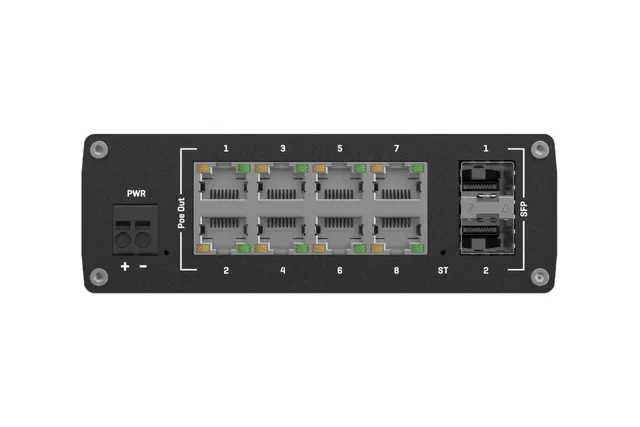 Industrial grade switch from Teltonika Networks with eight Gigabit Ethernet and two SFP ports.