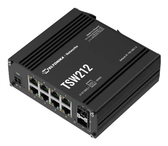 An industrial grade switch from Teltonika Networks with eight Gigabit Ethernet and two SFP ports.