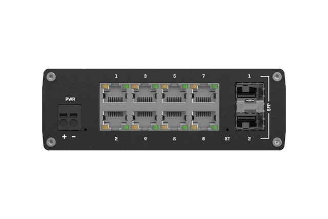 An industrial grade switch from Teltonika Networks with eight Gigabit Ethernet and two SFP ports.