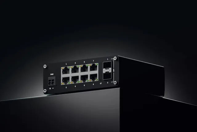 An industrial grade switch from Teltonika Networks with eight Gigabit Ethernet and two SFP ports.