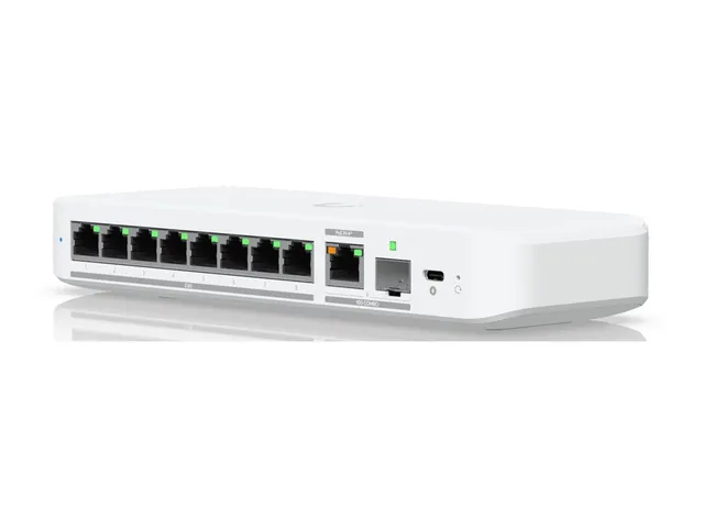 Flexible, 8-port 2.5 GbE switch with a 10 GbE RJ45/SFP+ combination uplink port that can be powe...